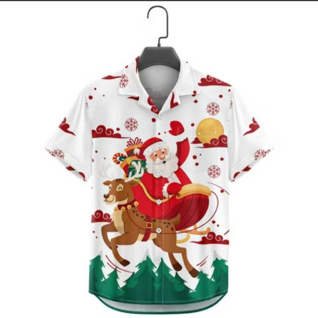 KEMEJA NATAL MOTIF WHITE SANTA ANAK COWOK / BAJU ATASAN CHRISTMAS PRIA DEWASA