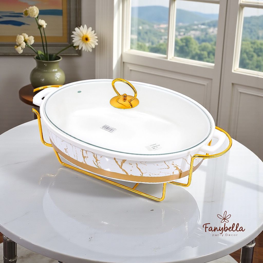 Prasmanan Set Keramik Oval Toples Tempat Saji Makanan Lauk Motif Marble Garis Emas Gold Mewah Import