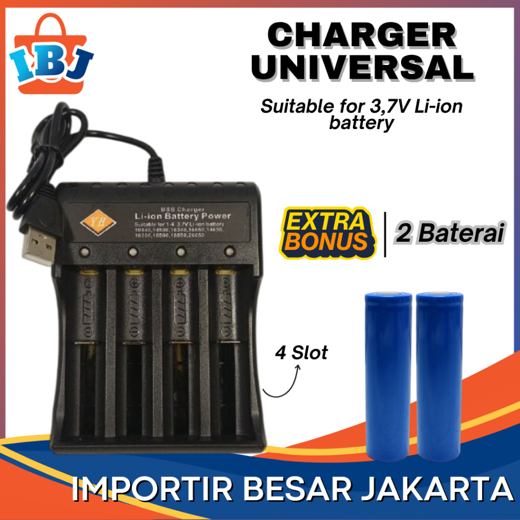 FREE CASE Charger Casan Baterai batre 18650 16340 14500 3.7V 4.2V UNIVERSAL 4 Slot Kabel USB Charger