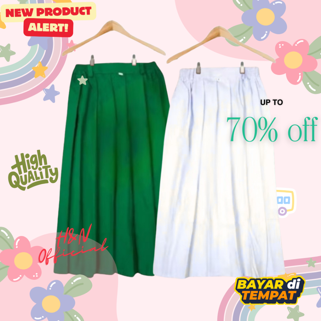 [Terlaris] H&N Rok Panjang Sekolah Plisket/Rempel SD/MI/SMP - Hijau, Putih, Karet Pinggang Bahan Hig