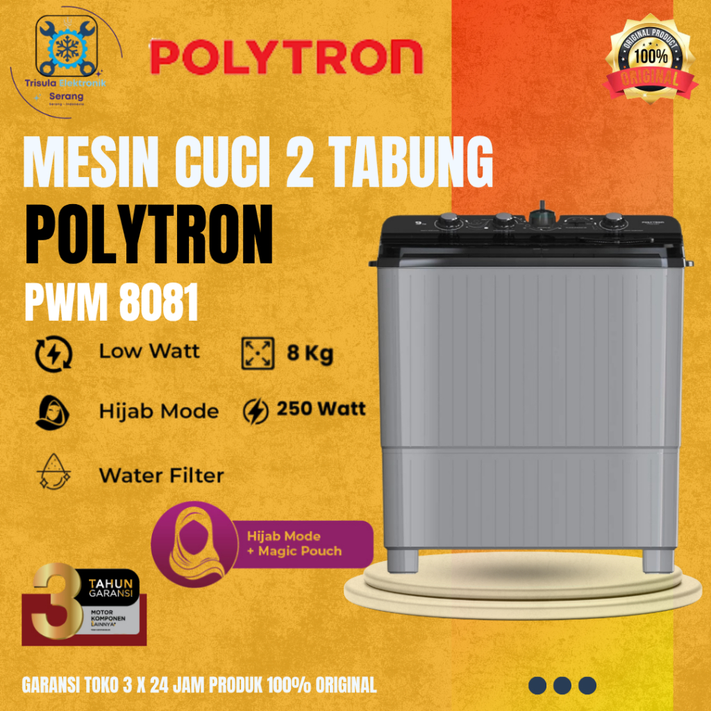Mesin Cuci Polytron PWM-8081 / PWM8081, 2 Tabung Low Watt 8Kg Primadona Hijab Mode Series Terbaru