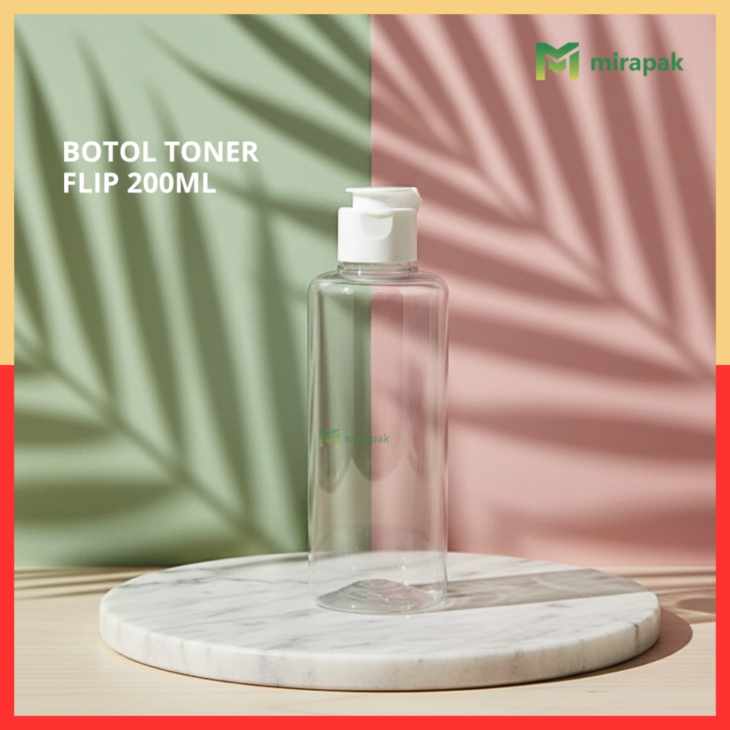 BOTOL TONER 200ML BENING CLEAR BULAT TABUNG PET PLASTIK TEBAL - TUTUP FLIPTOP PUTIH PAKU - BOTOL KOS