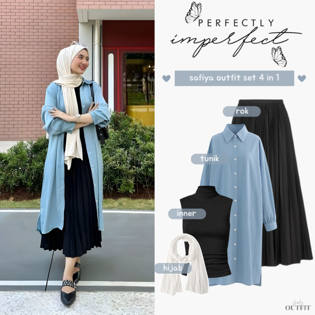 Outfit Wanita Hijab ( Long Tunik + Inner + Rok Plisket + Hijab ) One set OOTD Bukber Lebaran -Safiya