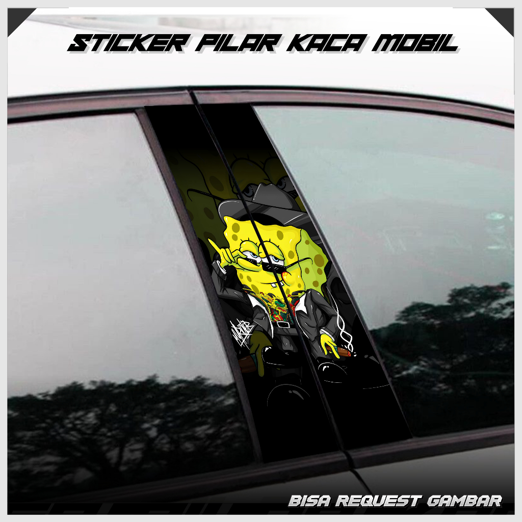 BISA REQ GAMBAR/FOTO - Sticker Pilar Pintu Kaca Mobil Universal Edisi Kartun Spongebob B