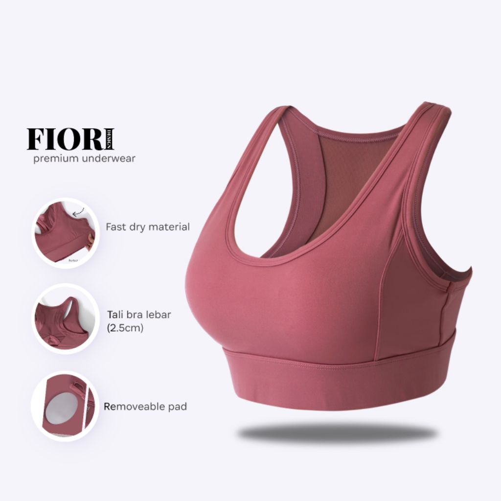 FIORI Sport Bra FILO Pink | Sportbra Push Up | BH Senam Bra Olahraga Senam Yoga | Busa Lepas Pasang 