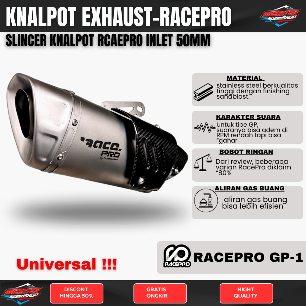 Knalpot Exaus Racepro Gp1 Universal CBR 250/ R25 R15 V3/VV4 Slincer Knalpot Only Suara Adem Namun Bi