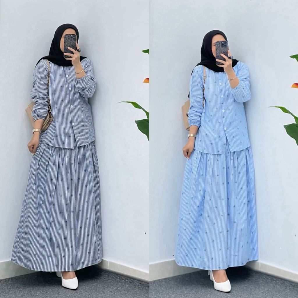 Azura set rok salur katun / set kemeja rok denim