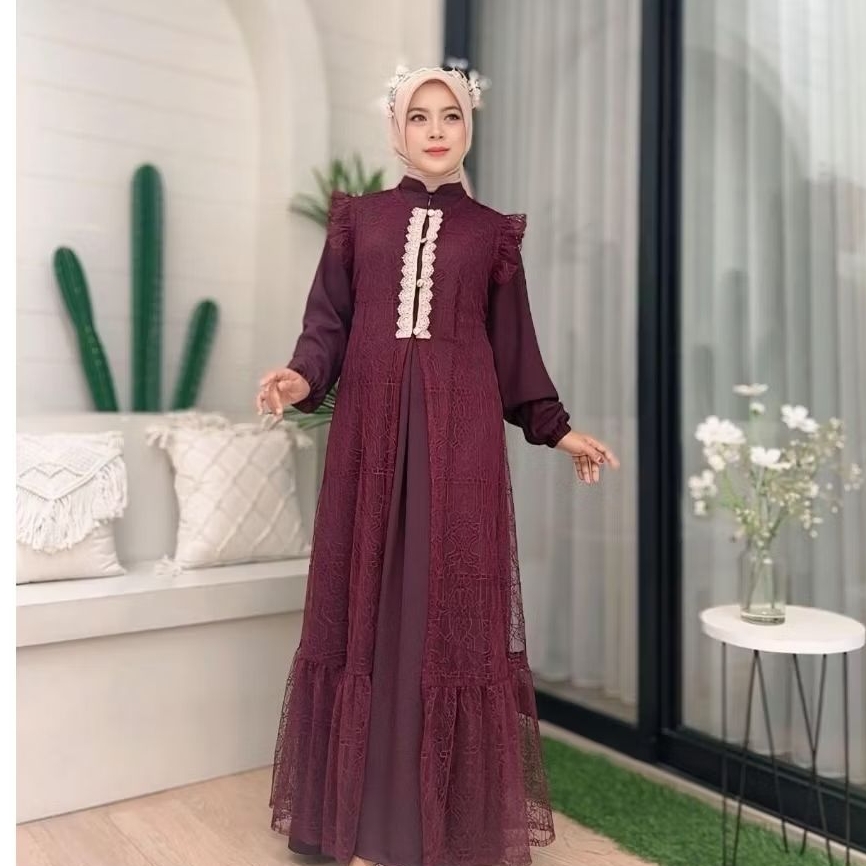 Karin Dress Mewah Setelan Gamis Kondangan Wanita, Set Outer Brokat Panjang,  Gamis Lebaran Elegant#1