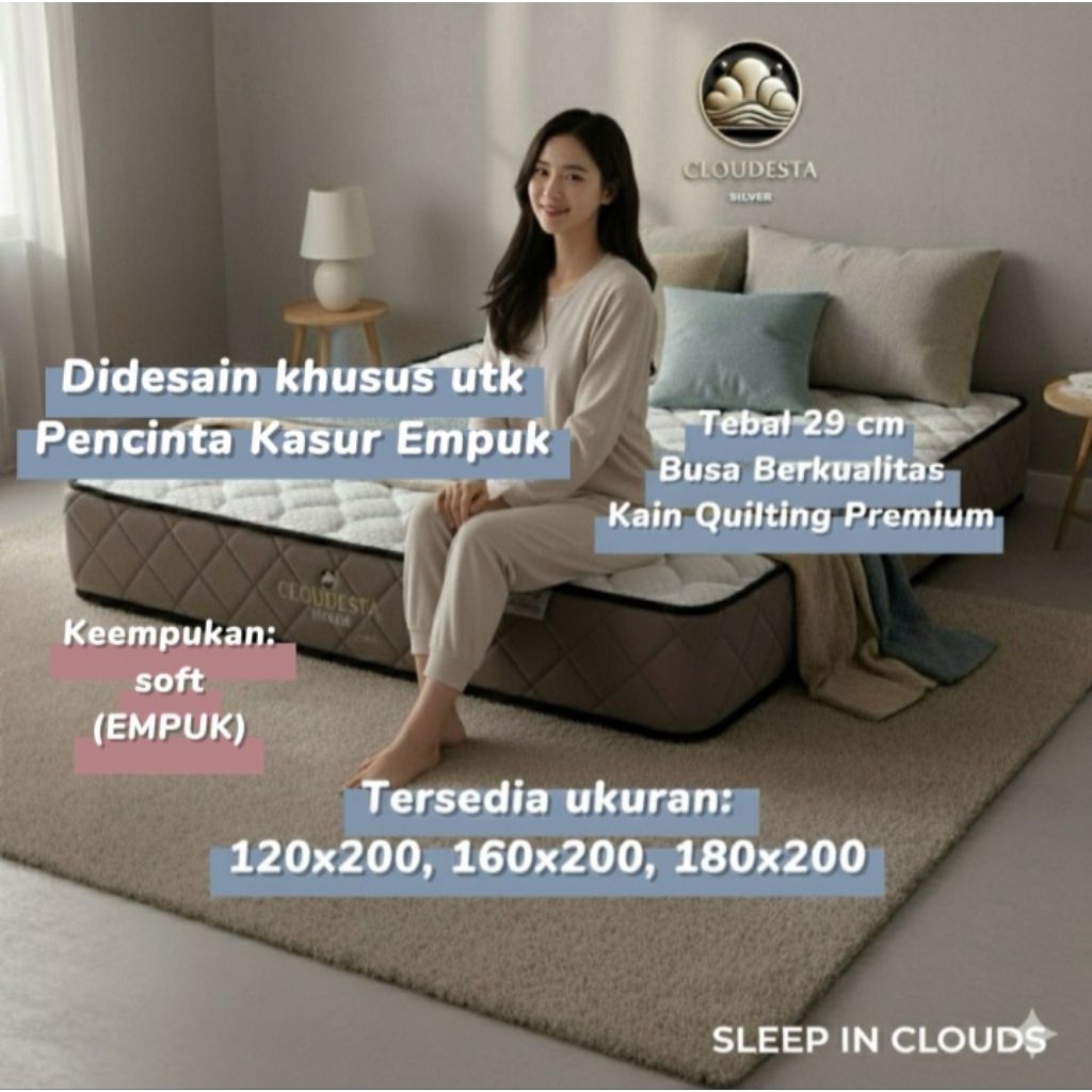 Kasur Springbed Cloudesta Silver. Empuk. Tebal 29 cm. kasur 120x200, kasur 160x200, kasur 180x200