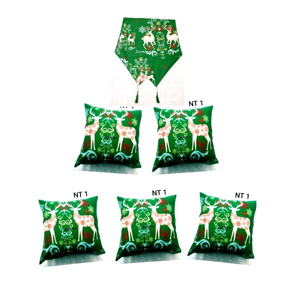 Taplak Meja Tamu Set + Sarung Bantal 5 Pcs  Motif Natal/Bunga