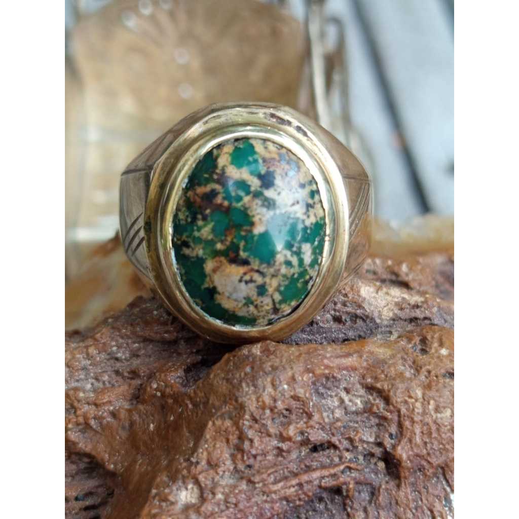 Natural Pirus Persia Hijau Top Urat BodyGlass Ring Koin Handmade