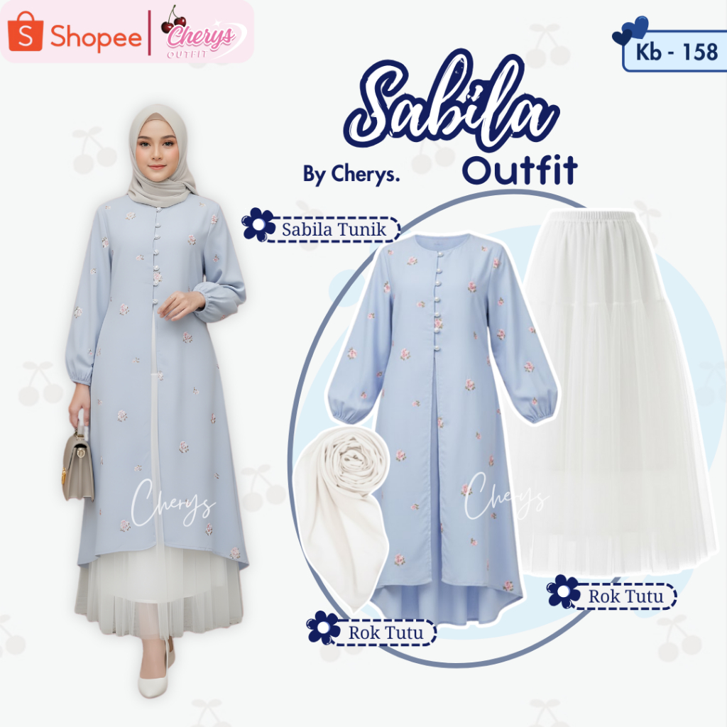 Cherysoutfit - One Set Outfit Hijab Lebaran 3In1 { Sabila Tunik + Rok Tutu + Hijab Bella Square } OO