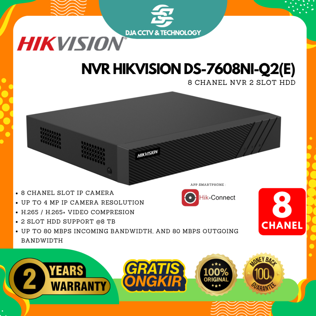 DS-7608NI-Q2(E) NEW - HIKVISION NVR 8 Chanel 7600 New Series - 2 Slot HDD
