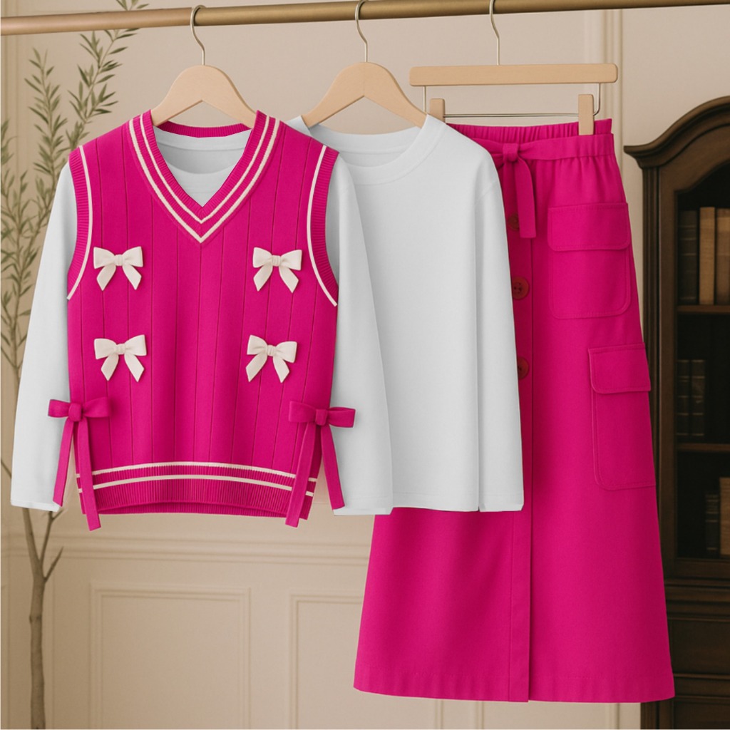 STELAN RAJUD ROK ANAK PEREMPUAN 3 IN 1 ( ROMPI+BAJU+ROK ) WARNA PINK FANTA USAI 6 TAHUN - 14 TAHUN