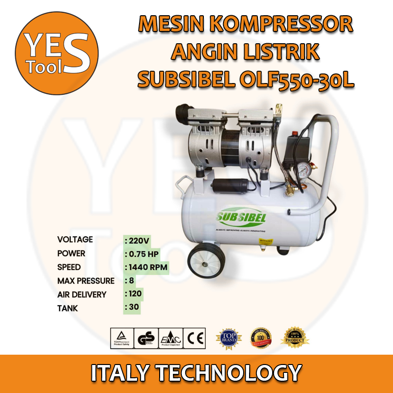 Yes-Tools SUBSIBEL Mesin Kompresor Angin Listrik 0.75 HP Kompresor listrik 30L compressor Oilless Si