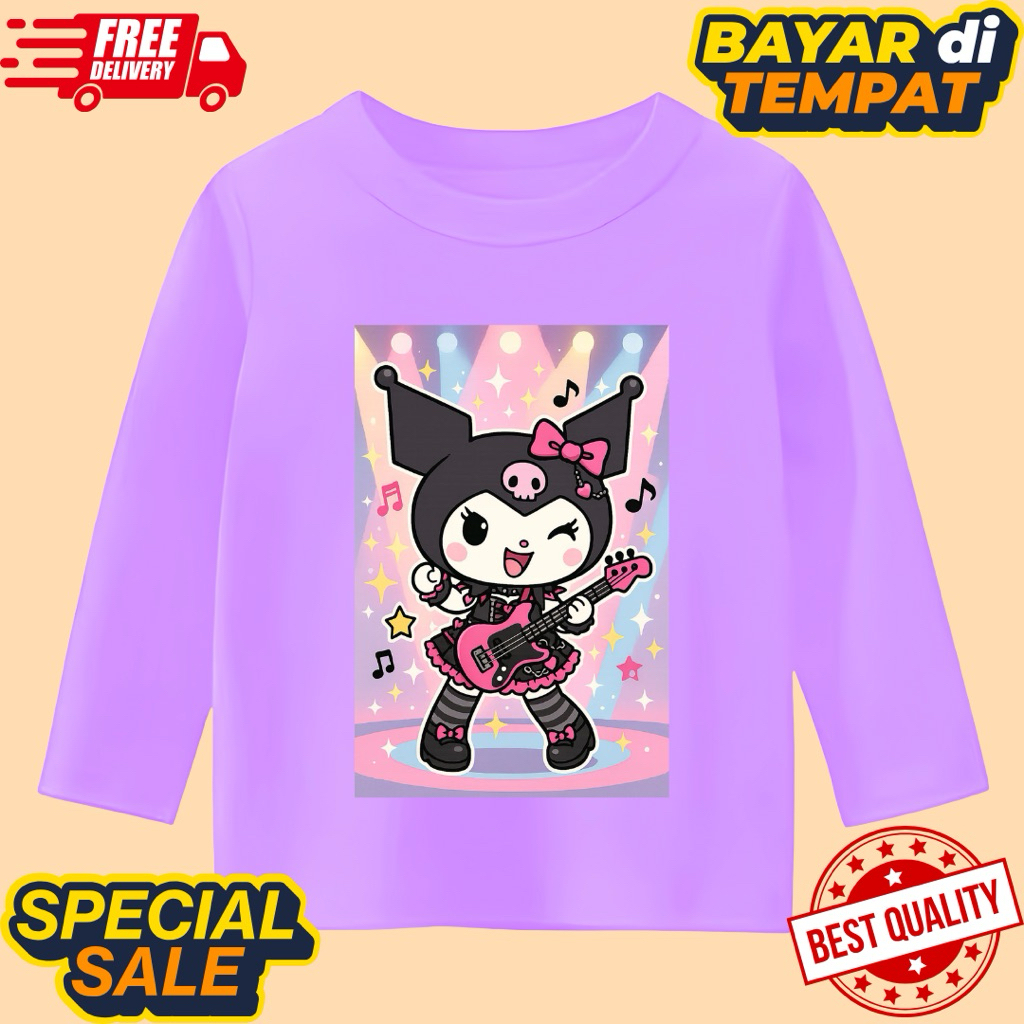 kaos anak perempuan lengan panjang motif kuromi gitar