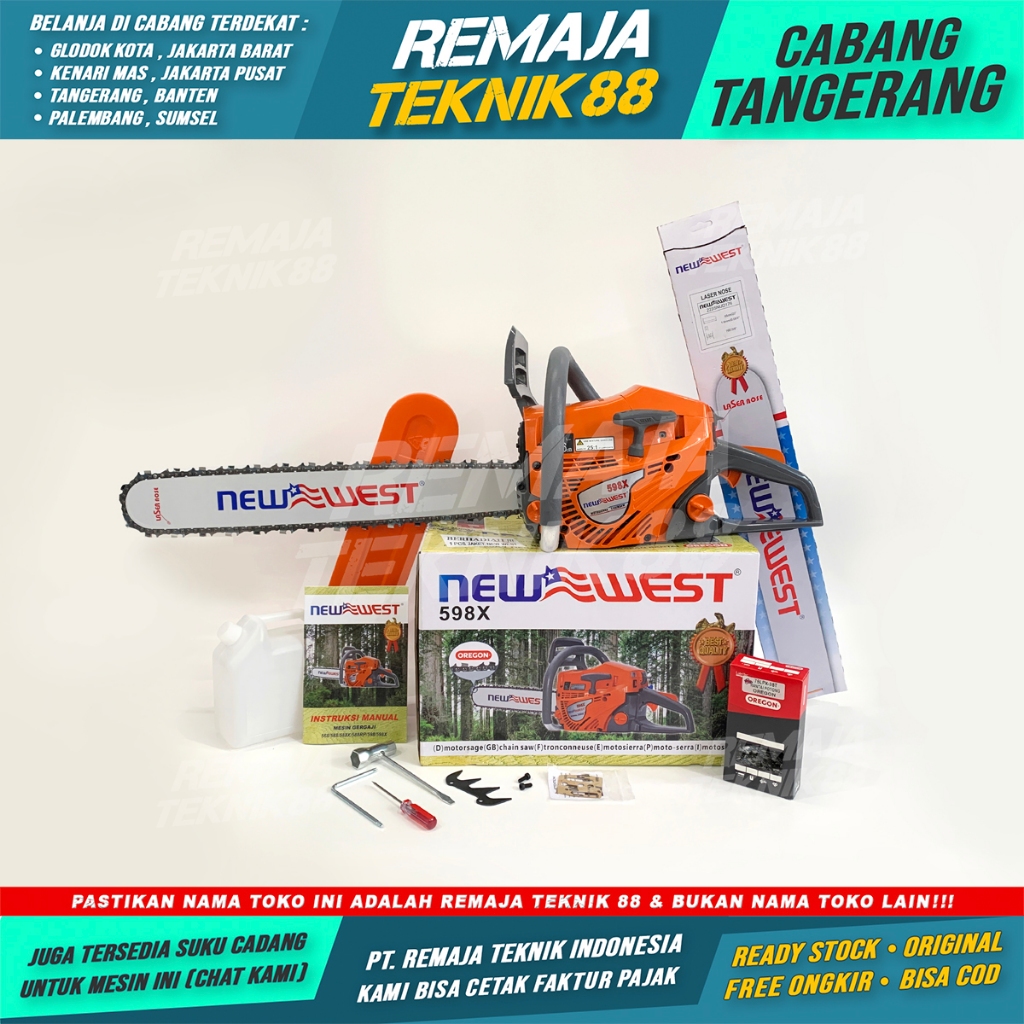 CHAINSAW NEW WEST 598x 22 INCH 34T / MESIN GERGAJI KAYU BENSIN + BAR + RANTAI OREGON 22”