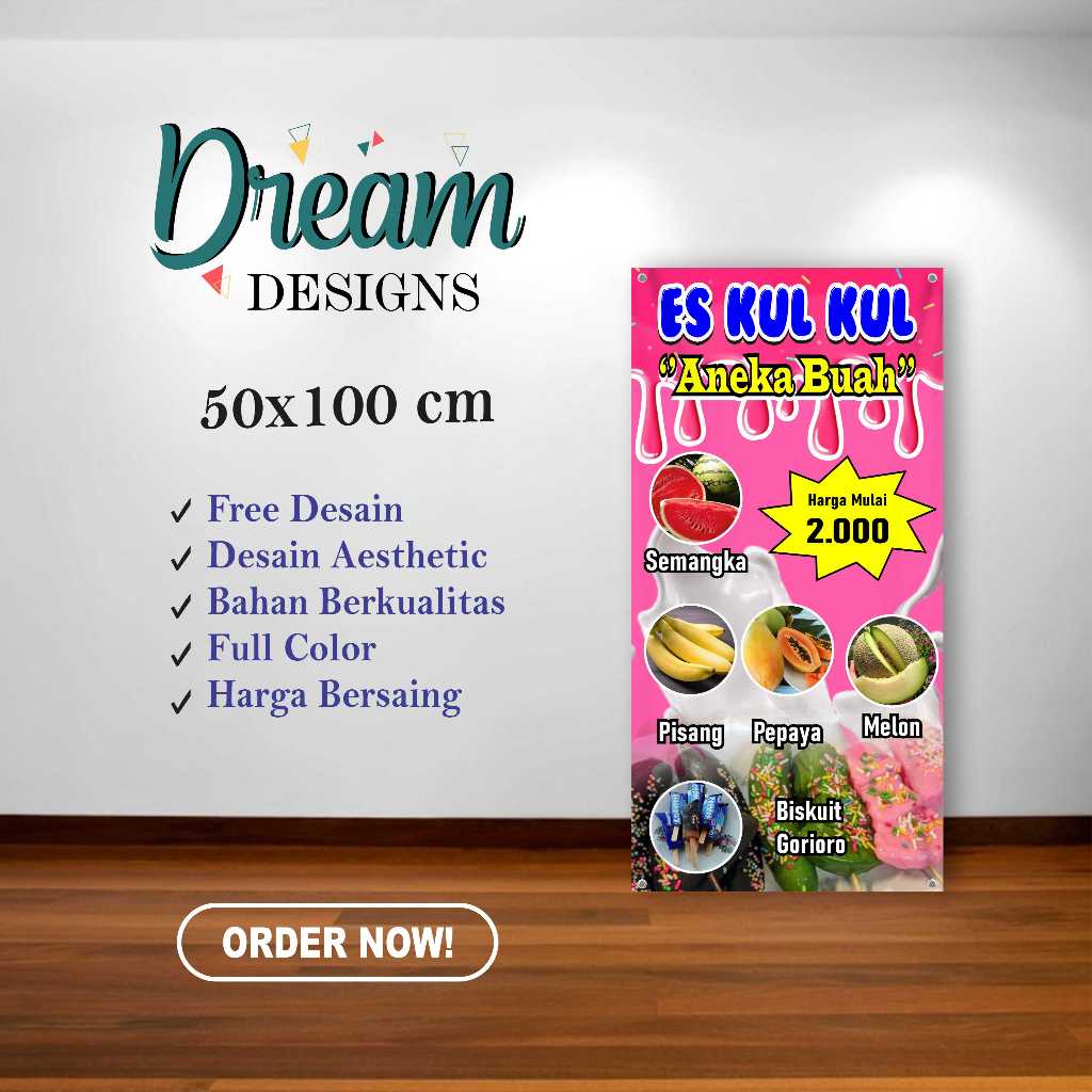Spanduk Banner 50x100 cm desain es kul kul aneka buah