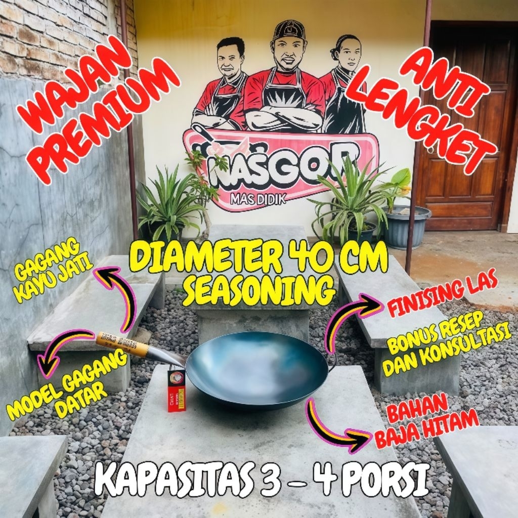 Wajan Baja Hitam Ukuran 40 Gagang Datar Anti Lengket Seasoning