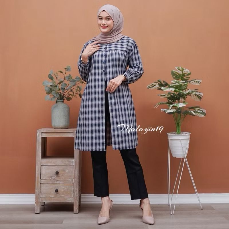 Jasmine Haruka Tunik Wanita Motif Kotak Premium Kekinian Baju Atasan Panjang Dewasa Muslim