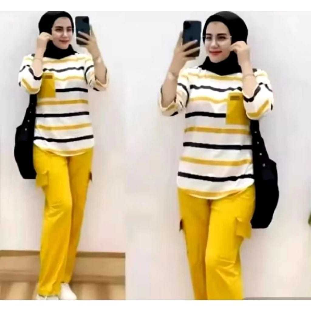 Setelan Salur Stripe Belang Pelangi Kaos Wanita Garis Blaster Terbaru Kekinian Moden Yg Lagi Viral /