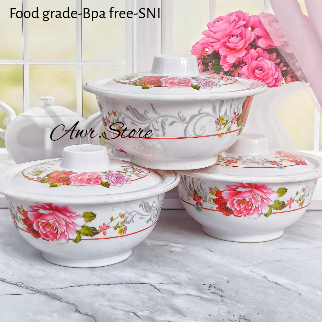 3 Pcs MEISHING Mangkok Melamin Tutup Bibir 7 Inch Motif - Bunga Merah