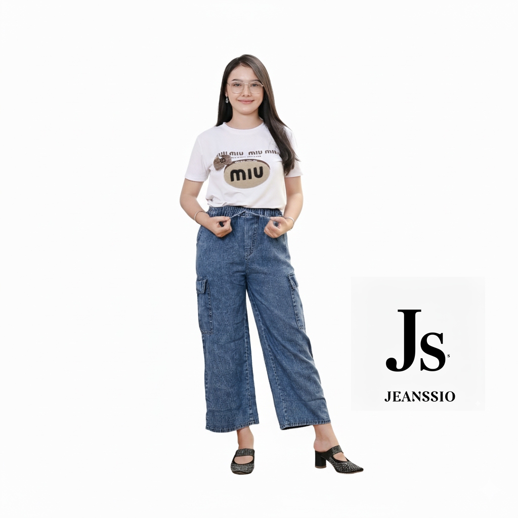 Celana Jeans Cargo Wanita Full Karet Kulot Cargo Highwaist Jeans Levis Snow Blue Black Premium