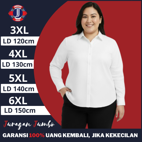 Kemeja Oversize Wanita Jumbo Polos Lengan Panjang Putih Rayon LD 120 130 140 150