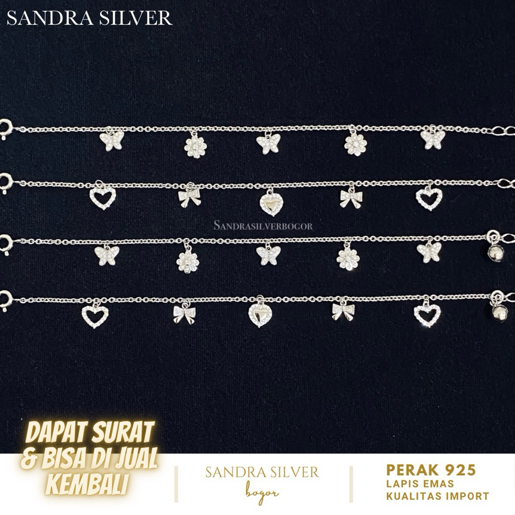 Gelang Mainan Gantung Perak 925 Lapis Emas Putih