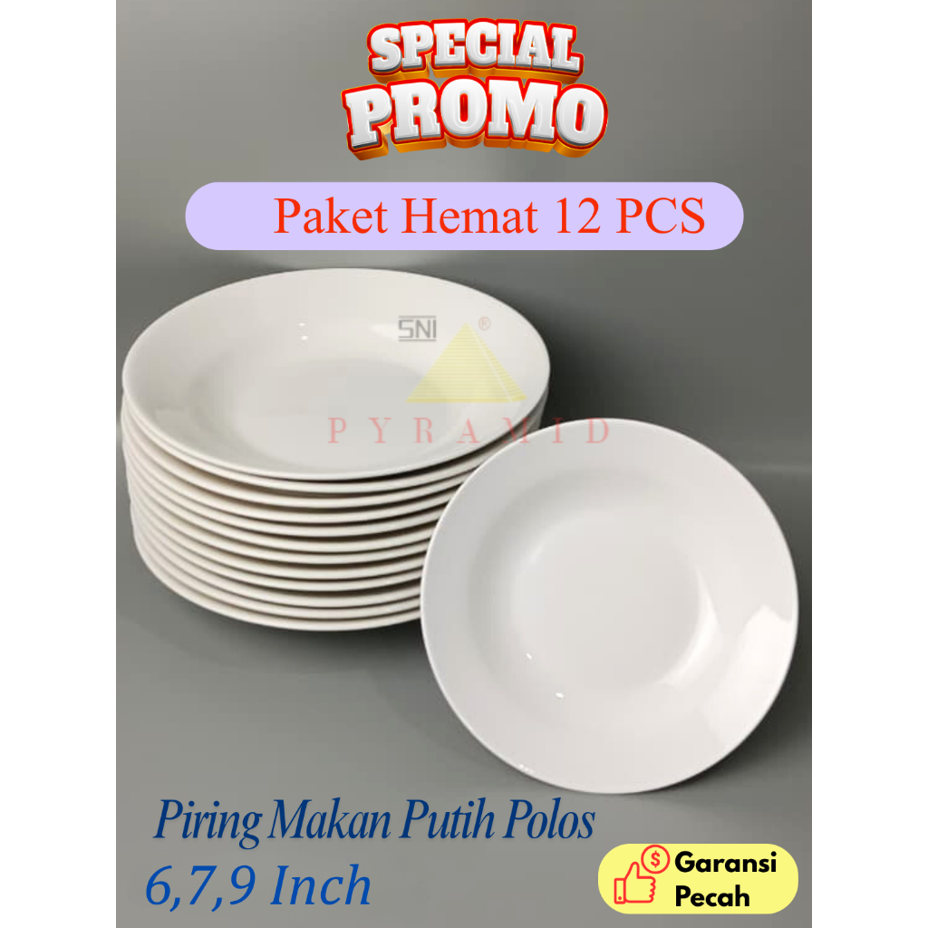 [12 PCS] PYRAMID I PIRING MAKAN PUTIH POLOS KERAMIK I harga lusinan piring keramik