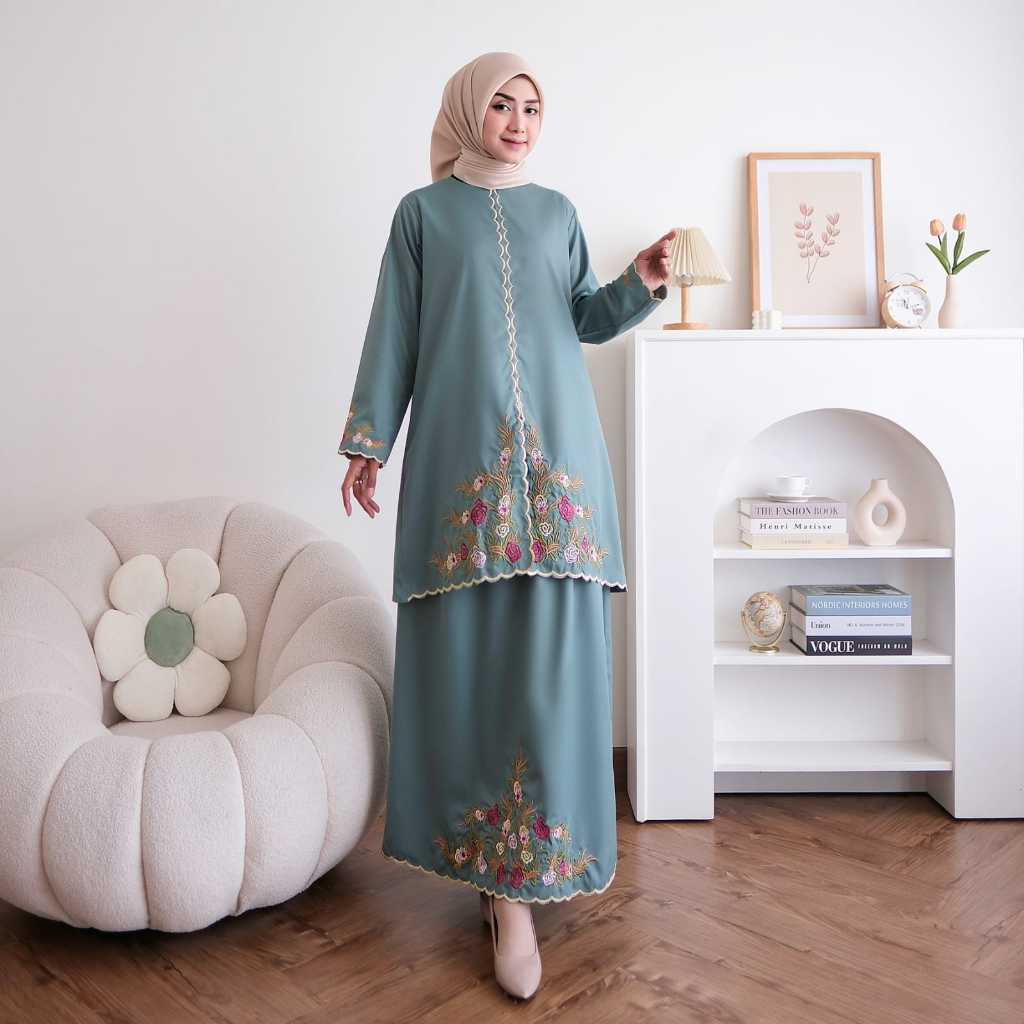 Hayani Collection Setelan Rok Toyobo Premium Bordir Bunga  Baju Lebaran Tunik & Rok Katun Adem