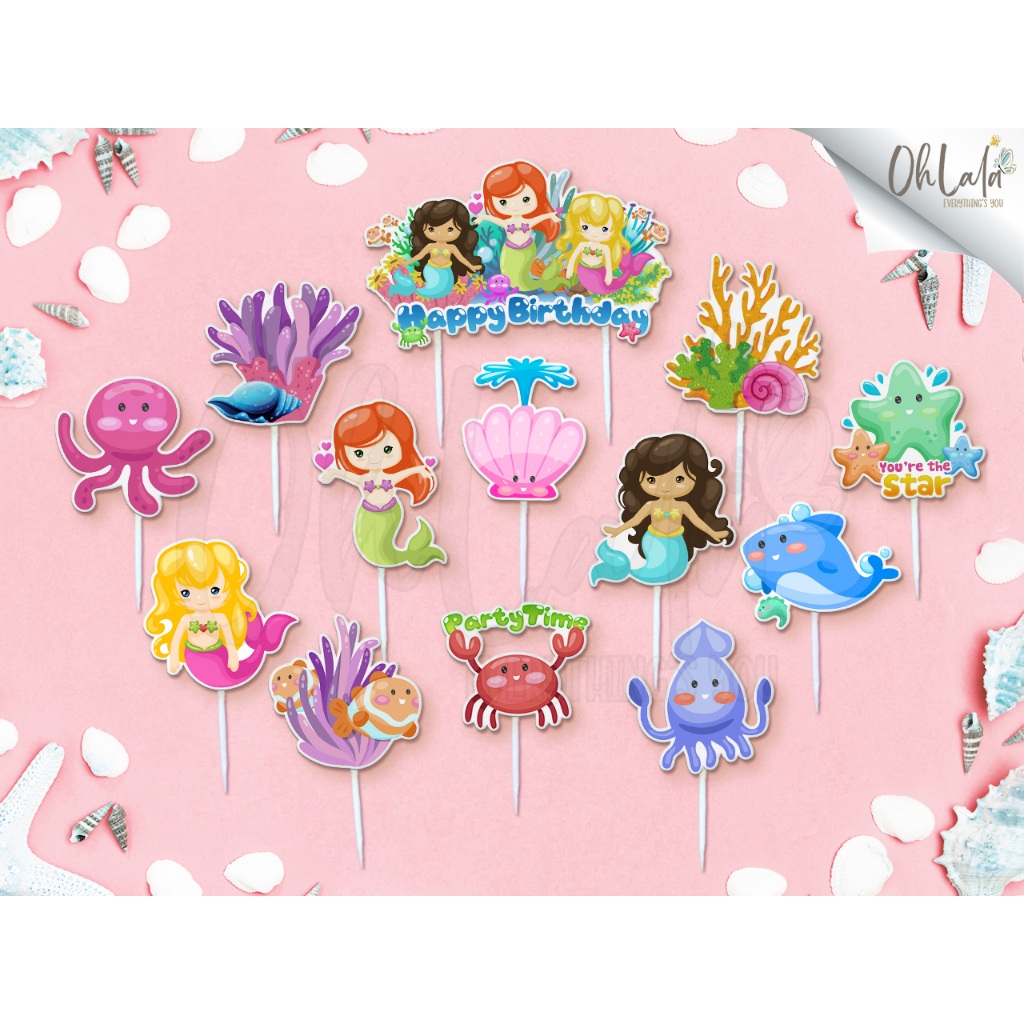 Little Mermaid Birthday Cake Topper | Underwater Dekorasi Tart Ulang Tahun | Hiasan Tusukan Kue Cupc
