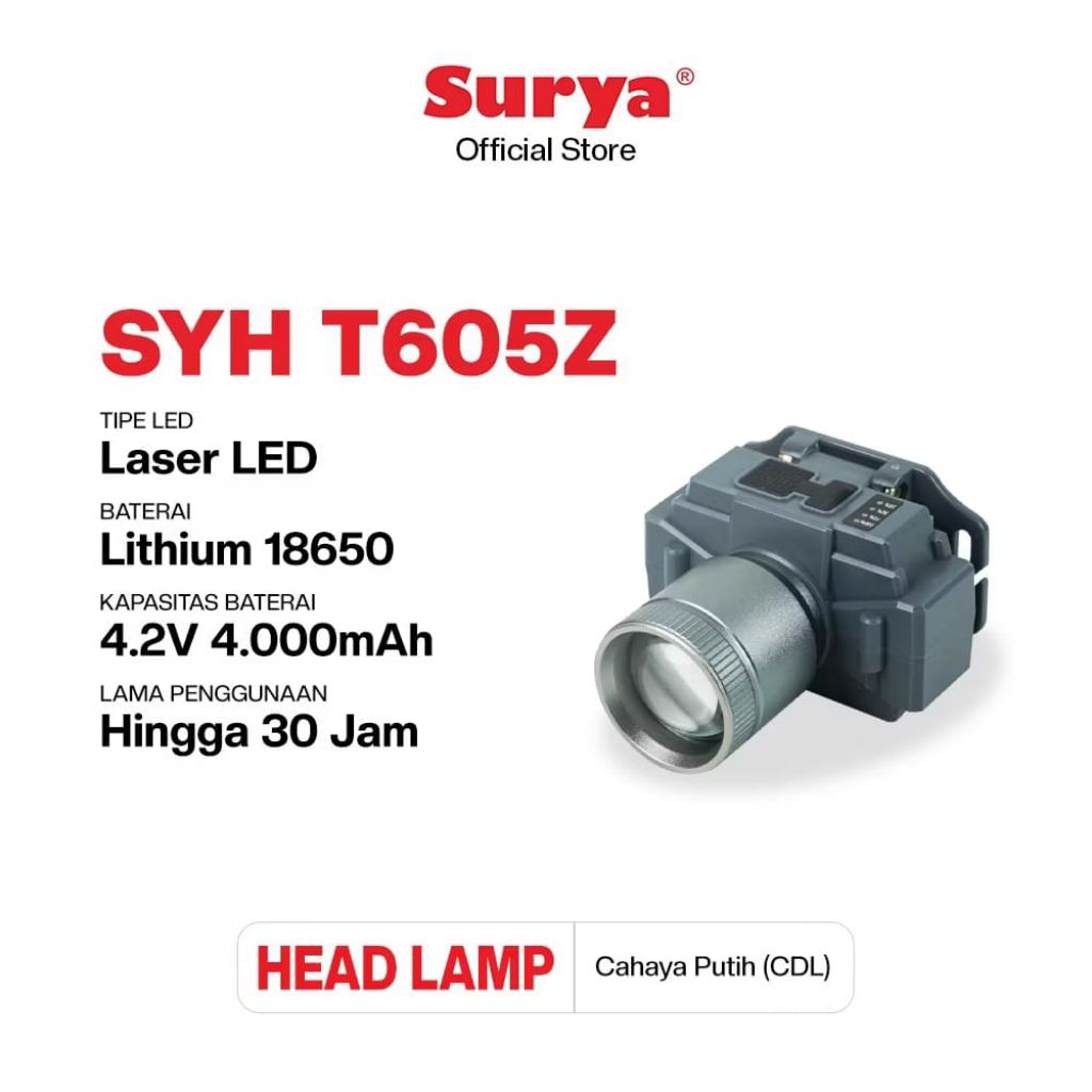 Surya SYH T605Z 60 Watt Lampu Senter Kepala Headlamp LED Rechargeable | Cahaya Putih / Cool Daylight
