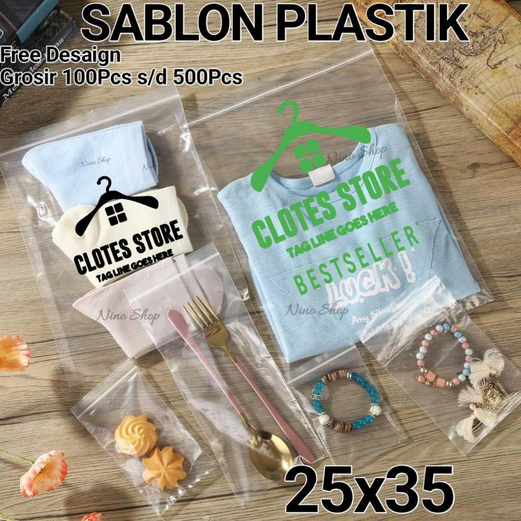 Plastik Sablon – Plastik Baju Klip 25x35 – Free Desaign – Tebal 50 Micron – Bening Transparan–Grosir