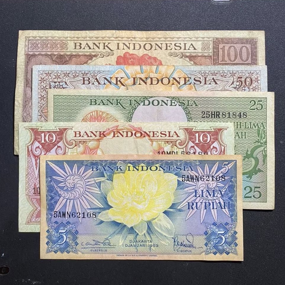 Koleksia Uang Kertas Kuno Indonesia Set Bunga 5-100 Rupiah Tahun 1959