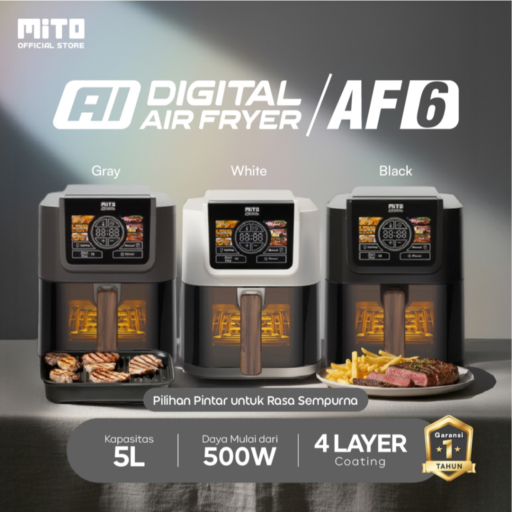 MITO Air Fryer AF6 Smart AI-Fryer Digital, Low Watt, 5L Semi Transparan, Touch Screen LED