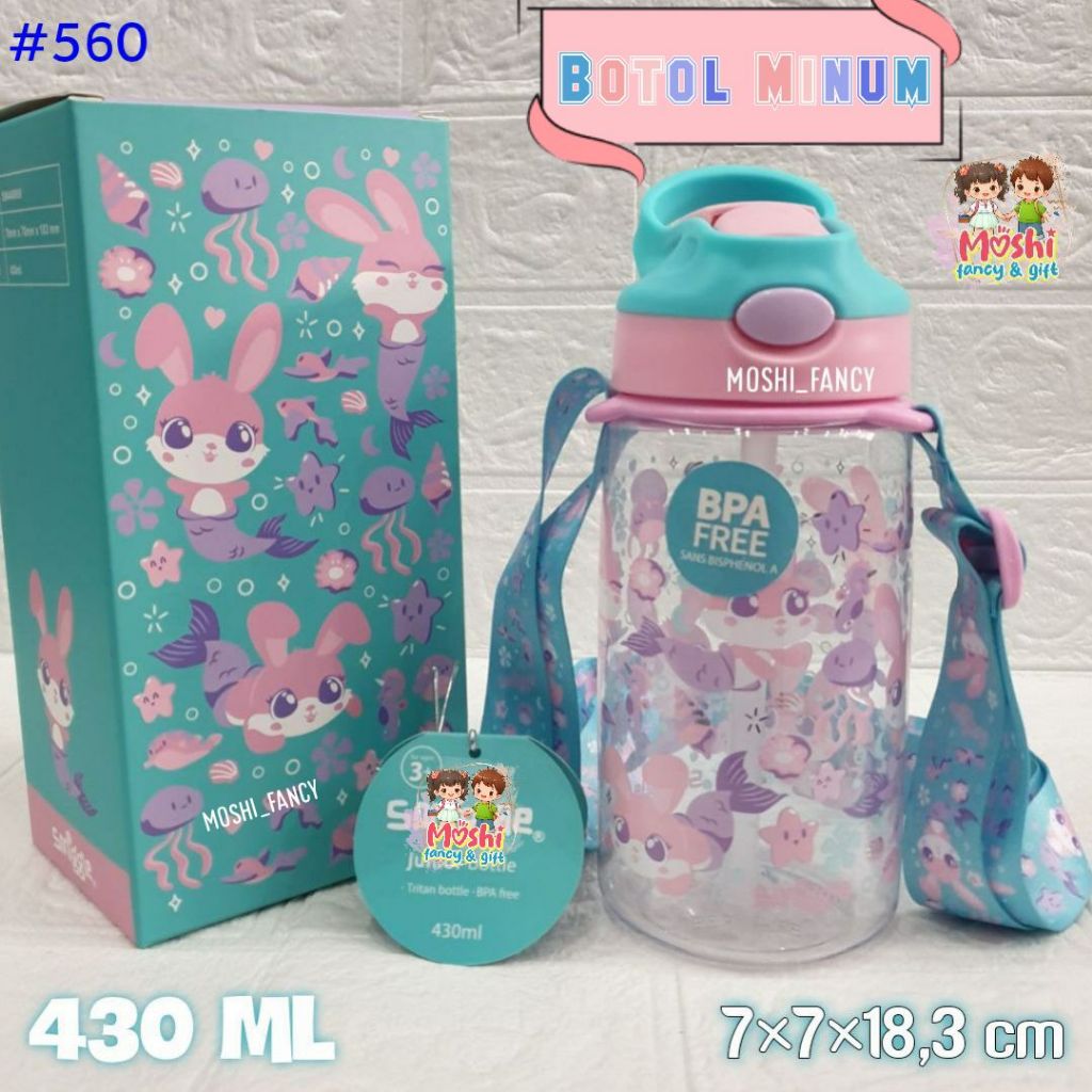 Botol Minum 430 ml dan Tali Panjang motif Curious Mermaid / Tempat Minum Motif Rabbit / Botol Minum 