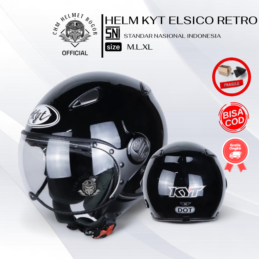 HELM RETRO KYT ELSICO SOLID HITAM GLOSSY