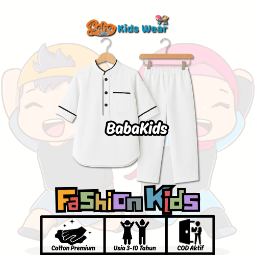 BABAKIDS | Baju Muslim Anak Laki Laki / Baju Ngaji Anak Laki Laki Warna Putih Premium | SETELAN