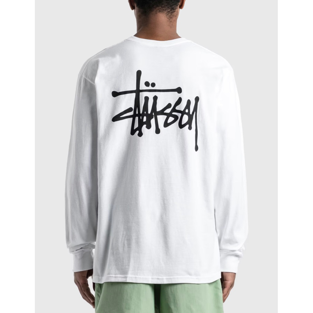 Kaos Oversize STUSSY Basic Stock Small Logo Long Sleeve LS L/S White Tshirt
