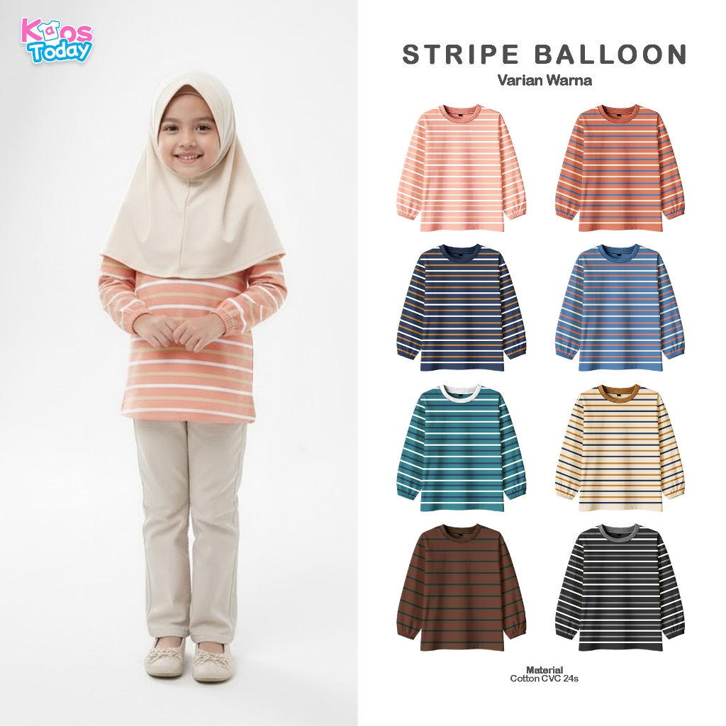 KAOSTODAY - Strip Lengan Balon Anak Perempuan Lengan Panjang