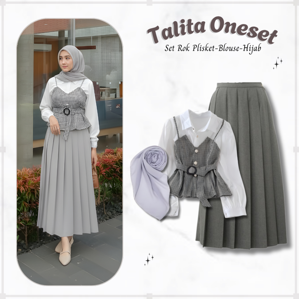 Talita Oneset 3in1 | Atasan Blouse Top Putih Kombinasi + Rok Plisket Abu + Hijab Segiempat Abu | Set