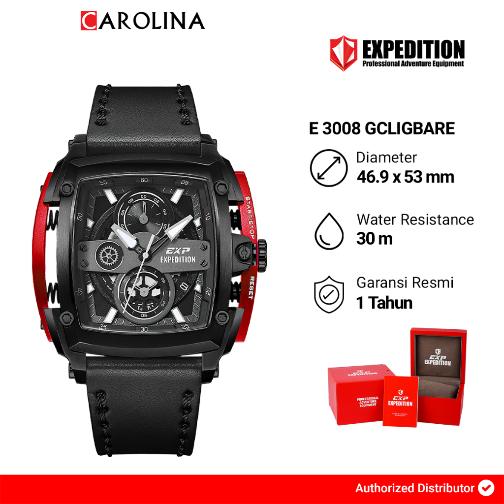 Jam Tangan Pria Expedition Exp Chronograph E 3008 GCLIGBARE Black Dial Black Leather Strap