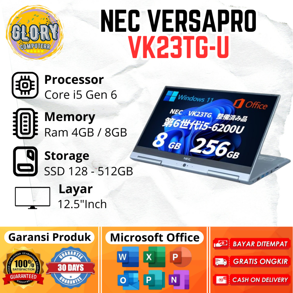 NEC Versapro VK23TG-U Core i5 Gen 6 Ram 4GB / 8GB SSD 128GB / 256GB / 512GB, Layar 12.5"Inch FHD