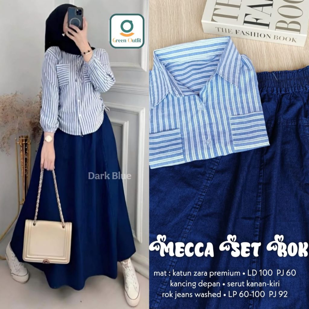 "Set Rok Jeans Wanita Mecca – Kemeja Striped Katun Zara Premium Hijab Outfit Muslimah Fashion Korea"