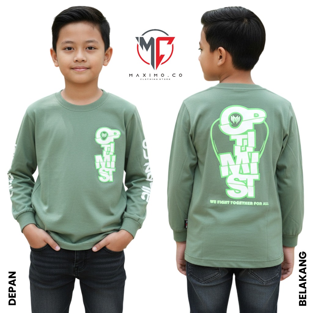 Kaos Distro Anak MAXIMO.CO Optimis Sage Sablon Plastisol Usia 3-12 Tahun Katun Combed 30S