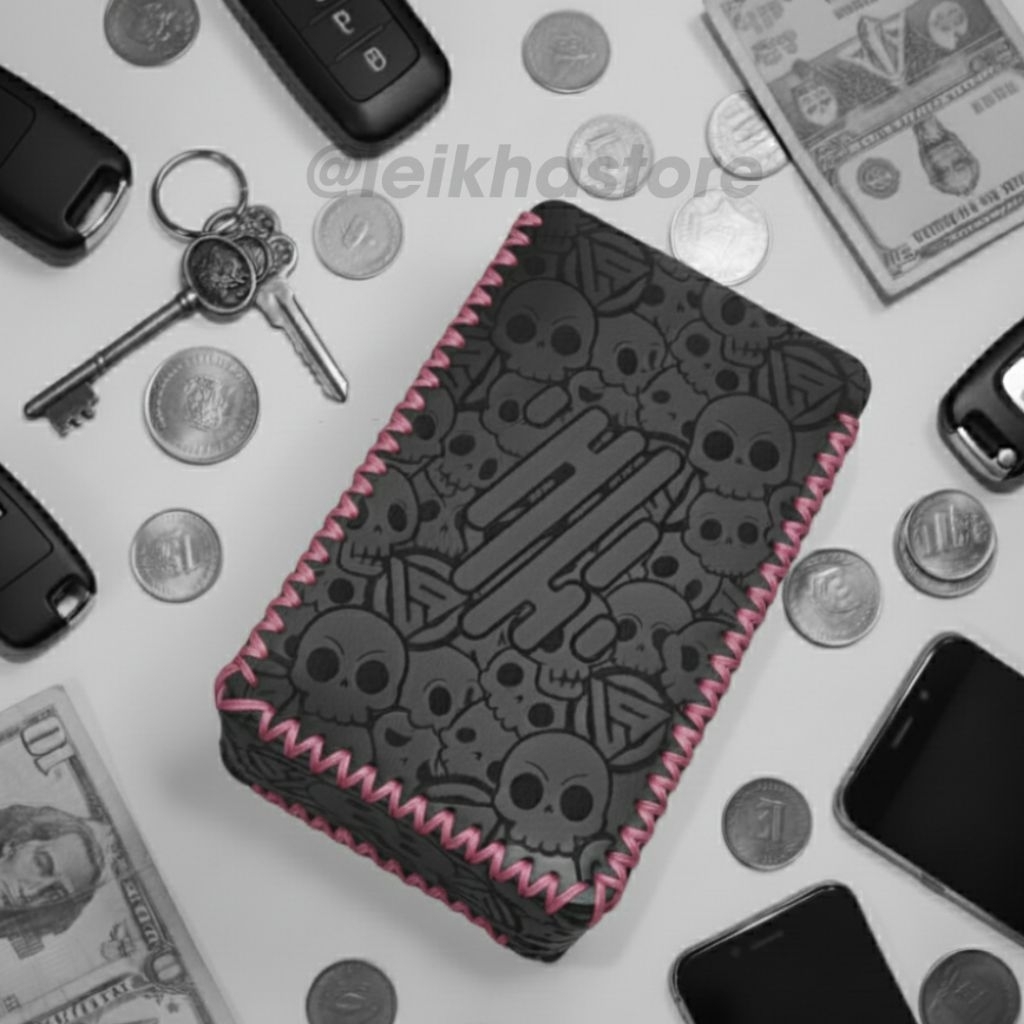 Dompet PU Leather Sleeve Case R234 Hitam Logo Full Skull Besar Benang Pink Wadah Koin Kunci Premium