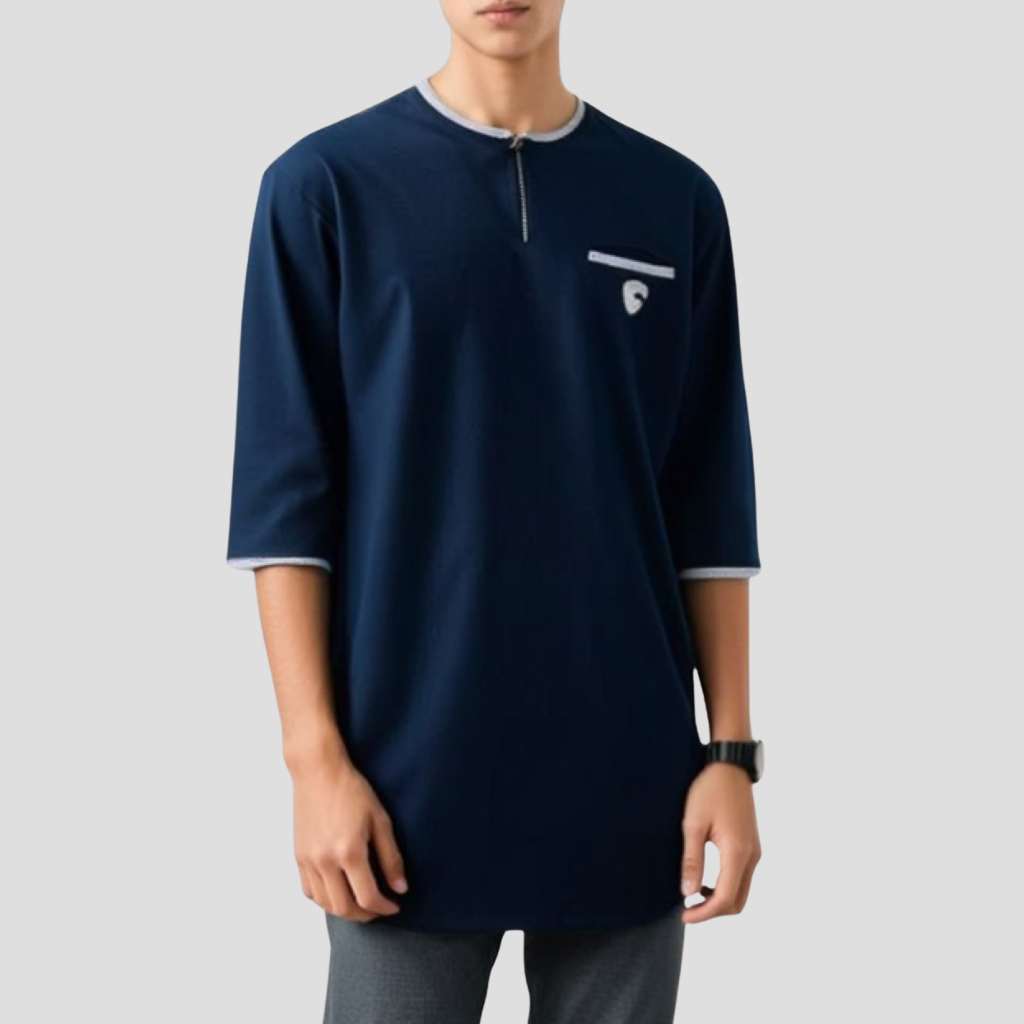 Annaml - Kurta Kaos Zipper Lengan 3/4 Navy