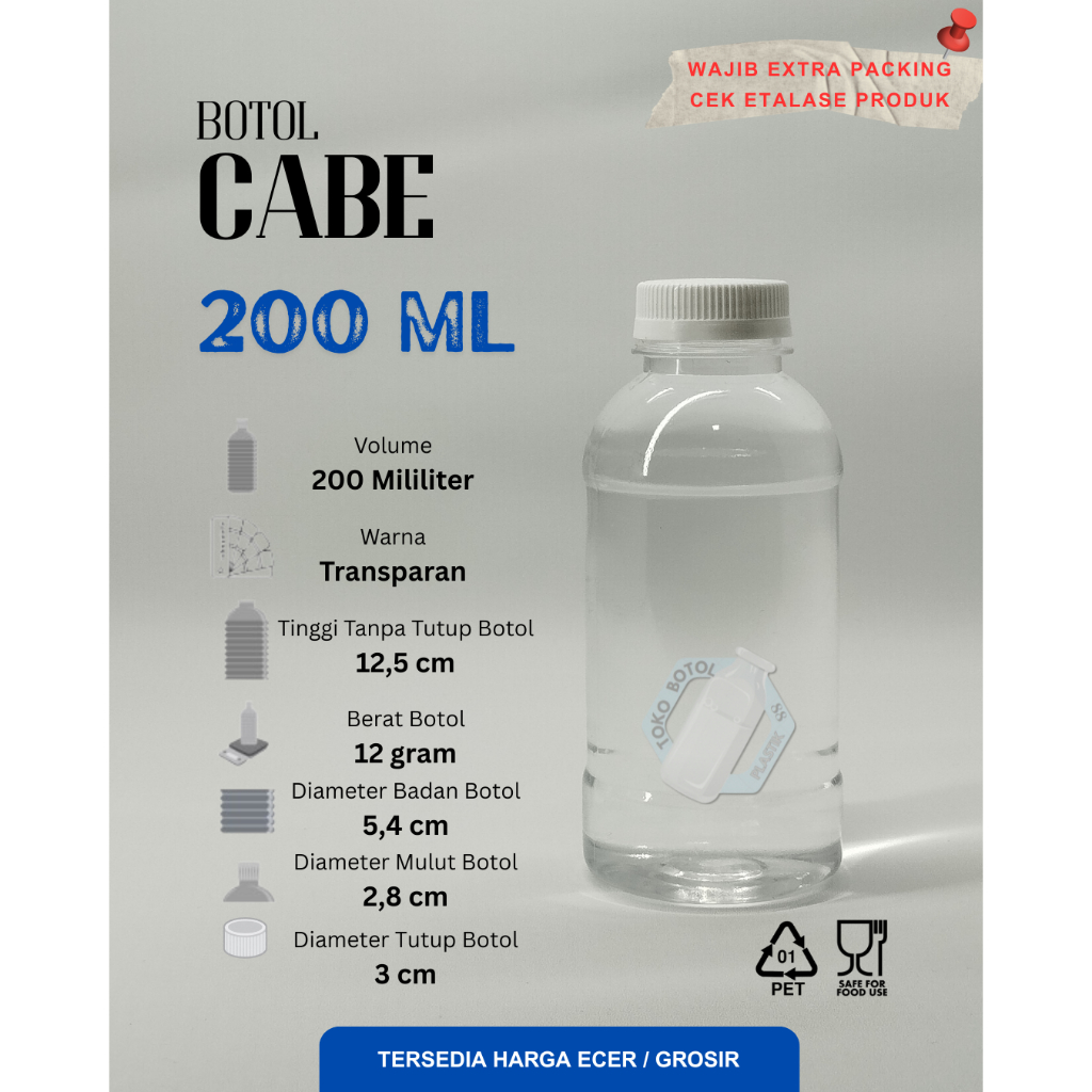 Botol Cabe 200ml / Botol Plastik Tebal Cabe 200ml / Botol Plastik Bulat Tebal 200ml / Botol Plastik 