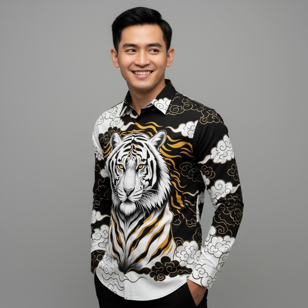 Hot Deals Batik Arwinda Tiger White-Gold Kemeja Batik Lengan Panjang Pakai Puring